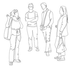 Fototapeta na wymiar Excursion tour. People standing and listening to the guide. Continuous line drawing. Black and white vector illustration in line art style.