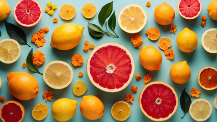 Background of citrus fruits and yellow small flowers on a baby blue backdrop, natural colors