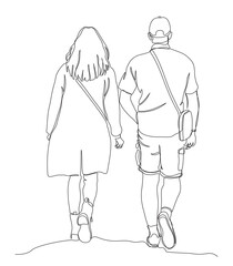 Couple walking away. Woman wear long jacket and man in shorts and t-shirt. Rear view. Continuous line drawing. Black and white vector illustration in line art style.