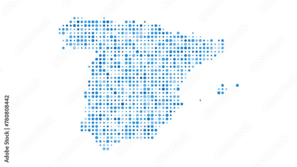 Poster spain dotted digital map. map of spain with pulsating colored circles. shape of the country filled w