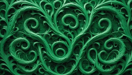 A seamless pattern of ornate green scrollwork with a textured look, ideal for elegant backgrounds. - obrazy, fototapety, plakaty