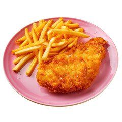 Food dish of fried chicken and French fries on a pink plate on a transparent background