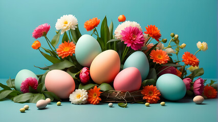 Easter concept with painted eggs and diverse flowers showcasing spring and rebirth on a vibrant blue backdrop