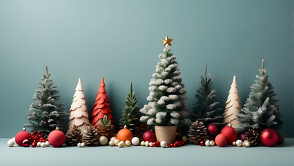 A serene and festive image featuring assorted Christmas decorations, including snowy trees, baubles, and pinecones, with a cool, wintery atmosphere