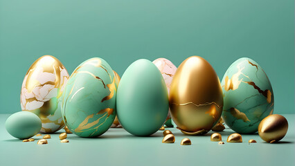 Stylish Easter eggs with golden cracks and speckles lined up against a soft green backdrop, symbolizing renewal and luxury - obrazy, fototapety, plakaty