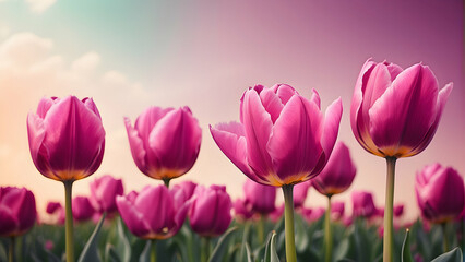 A majestic display of vibrant purple tulips against an ombre sky, symbolizing spring's beauty and rebirth