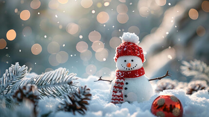 Christmas winter background with snowman in snow and blurred bokeh background. Merry Christmas and happy new year greeting card with copy space.