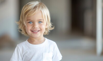 A cute smiling blonde hair little boy in a white t-shirt