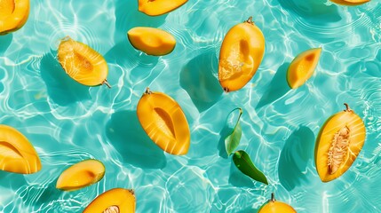 juicy mango halves pattern on a shallow turquoise water background