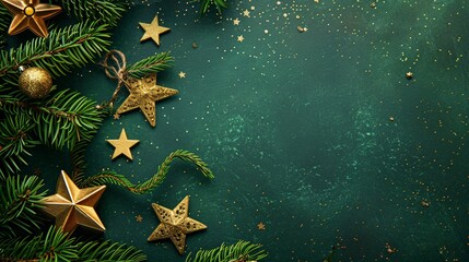 a green background with gold stars and pine branches