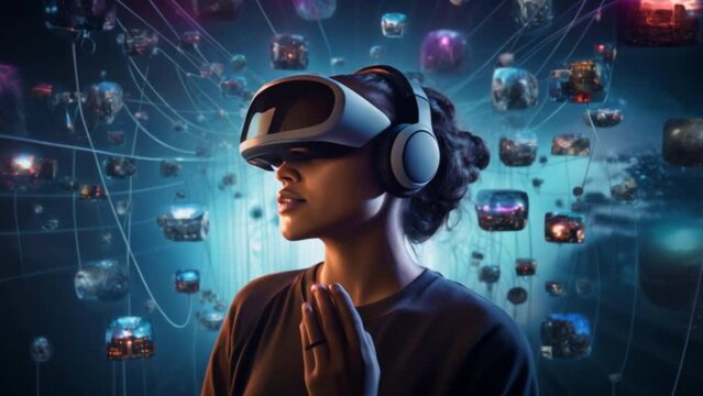  woman wearing a VR headset is taking care of the virtual world. The background is full of user avatars, representing various services.