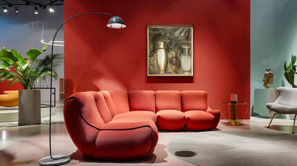 The scene of a home, the prospects are modern designer sofas, lights ... red solid color