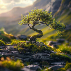 A 3D landscape with a lone tree bending in the wind, the scene rendered to capture the stoic drama of nature's resilience. - obrazy, fototapety, plakaty