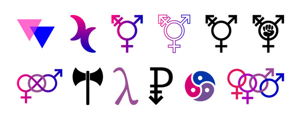 LGBT symbols, biangles and double moon for bisexuality, lambda sign. LGBT signs symbols set. Labrys for lesbian feminism, Pansexual sign. Interlocking gender symbol. Transgender, Transfeminist symbols - obrazy, fototapety, plakaty