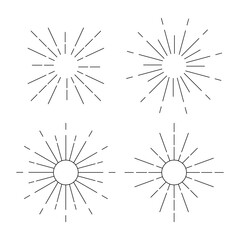 Obraz premium Sunburst elements. Line art minimal boho suns. Bursting sun rays. Linear fireworks set. Sun logotype design element. Radial sunset beams. Vector illustration of sunbursts, explosion effects.