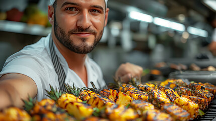 Chef grilling tropical kebabs with pineapple close-up - 780810243