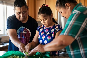 Family Cooking Together in Home Kitchen: Hispanic Parents and Child Preparing Dinner