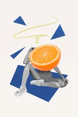  Composite creative photo collage of headless woman with citrus instead of head lead healthy lifestyle isolated on white color background © deagreez