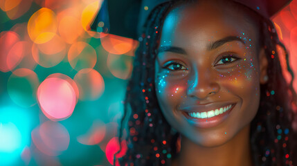 Black american young woman wearing a graduation cap dancing at the party. Festive bokeh background - 780810490