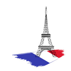 Eiffel tower with France flag. Hand drawn art vector illustration.
