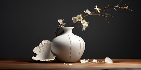 white broken vase on table