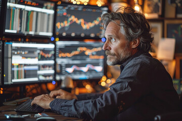 An investor, trader, middle-aged man carefully monitors financial charts on monitors. Concept of financial market, investment, stock exchange and stock trading. - obrazy, fototapety, plakaty