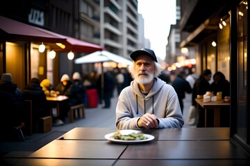 A man in a gray hat sits at a table with a bowl of food - obrazy, fototapety, plakaty