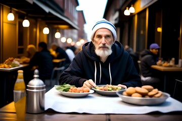 A man in a gray hat sits at a table with a bowl of food