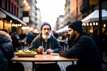 A man in a gray hat sits at a table with a bowl of food - obrazy, fototapety, plakaty