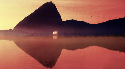 Sugarloaf or Pão-de-Açucar mountain seen at dawn over Guanabara Bay. Rio de Janeiro. Oct 2021.