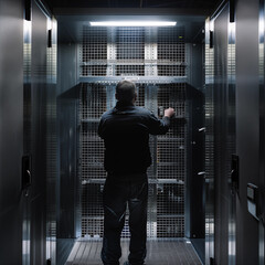 IT-Security guard closing up a server rack
