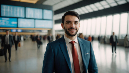 
man in a formal suit smiling inside an airport