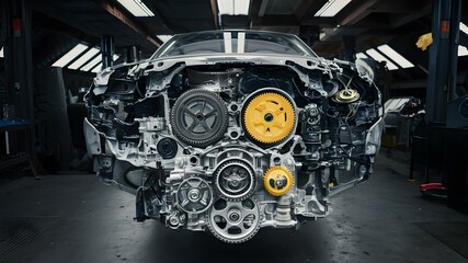Auto Engine Deconstructed: Gears & Parts Unveiled. Concept Auto Engine Parts, Engine Gears, Deconstructed Engine, Automotive Technology, Vehicle Components