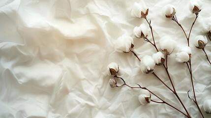 Cotton flower on white cotton fabric cloth backgrounds with copy space.