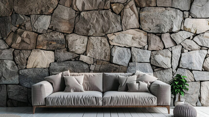 Cozy sofa on wild stone cladding wall background. rustic lounge area interior design.