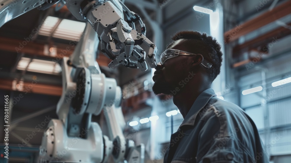 Poster young african male engineer interacting with robotics in high-tech workshop