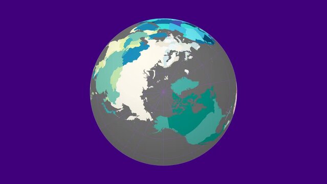 Rotating earth. North pole sphere view. Slow speed planet rotation. Colored countries style. World map with graticule lines on Vibrant background. Classic animation.