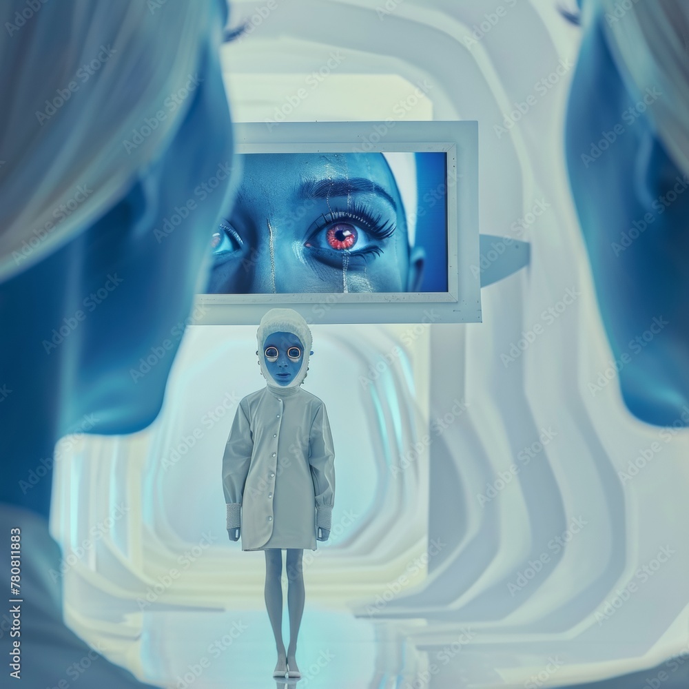 Poster futuristic concept with female android in a sci-fi corridor: exploring artificial intelligence