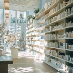 a blurred background showcases shelves filled with essential medical supplies in a pharmacy setting
