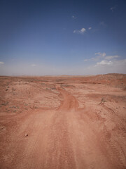 Fototapeta na wymiar Red dirt road through flat desert terrain near Moab Utah