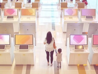 Young Mother and Child at Self-Service Kiosks in Bright Shopping Mall - 780811859