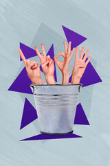 Creative abstract photo collage artwork four hands in bucket counts non verbal sign body language...