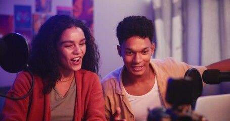 Influencer, content creation and couple streaming in a house with podcast, welcome or intro to channel. Filming, social networking or people at home with online audience, conversation or digital chat