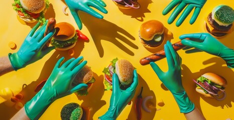 Pop art feast of American classics, hands in green gloves presenting burgers and hot dogs