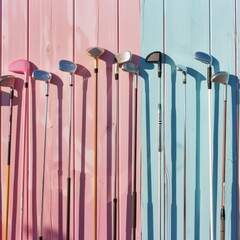 Vibrant Array of Golf Clubs Against Pastel Pink and Blue Background in Daylight - 780812268