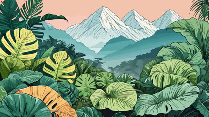 Fototapeta premium Jungle Painting With Background Mountains vector, illustration, 2d