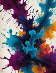 A vibrant abstract with splashes of purple, blue, and orange ink, evoking creativity and dynamic movement on a white backdrop.