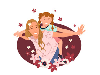 Mother and daughter hugging, the daughter is on her mother's back. Mother's day celebration.