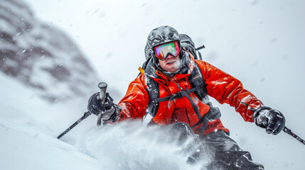 free space on the left corner for title banner with close up picture ultra realistic skier,