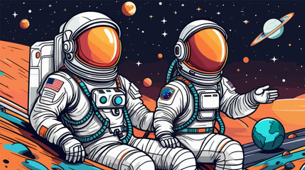 Two Astronauts Sitting on the Surface of a Planet vector, illustration, 2d